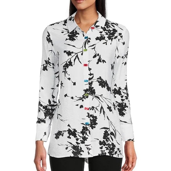 MULTIPLES black and white floral print crinkle woven point collar blouse size XS - Picture 1 of 16
